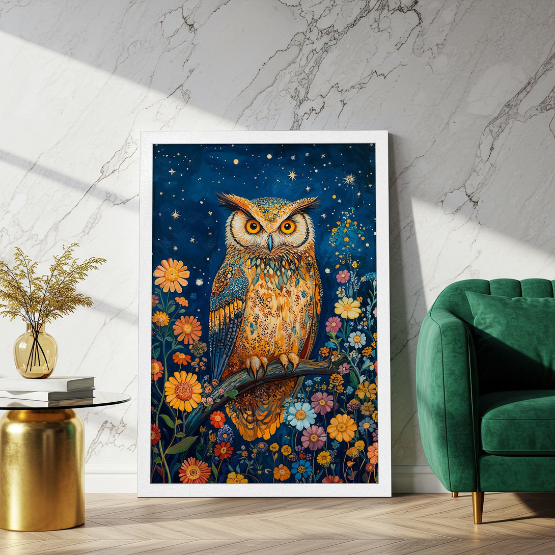 Framed Poster featuring an owl in a whimsical style with a blue and orange color palette. Perfect wall art for any room!