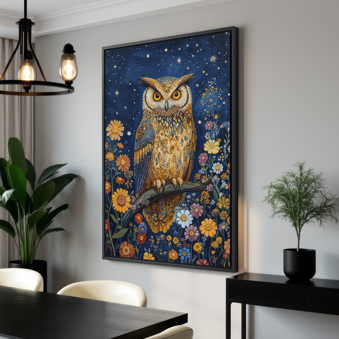 Framed Wall Art featuring a whimsical owl painting in a vibrant, floral style with a rich blue, gold, and orange color palette. Perfect for adding a touch of nature to your home.