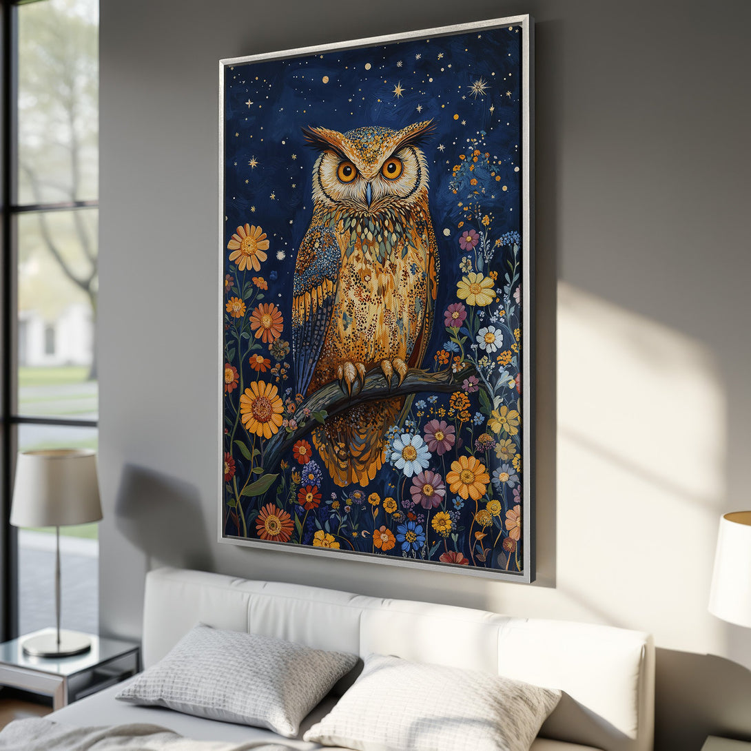 Framed Wall Art: Whimsical owl print with vibrant floral details on a dark blue background. Warm color palette adds a cozy touch to any space. Shop now!