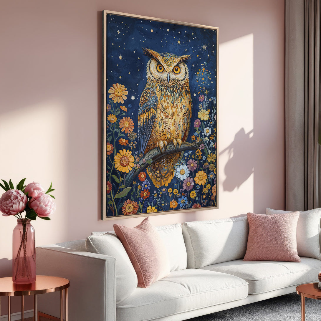 Framed Wall Art: Majestic owl painting in a whimsical style with a blue, yellow, and floral color palette. Perfect for adding a touch of nature to your space.