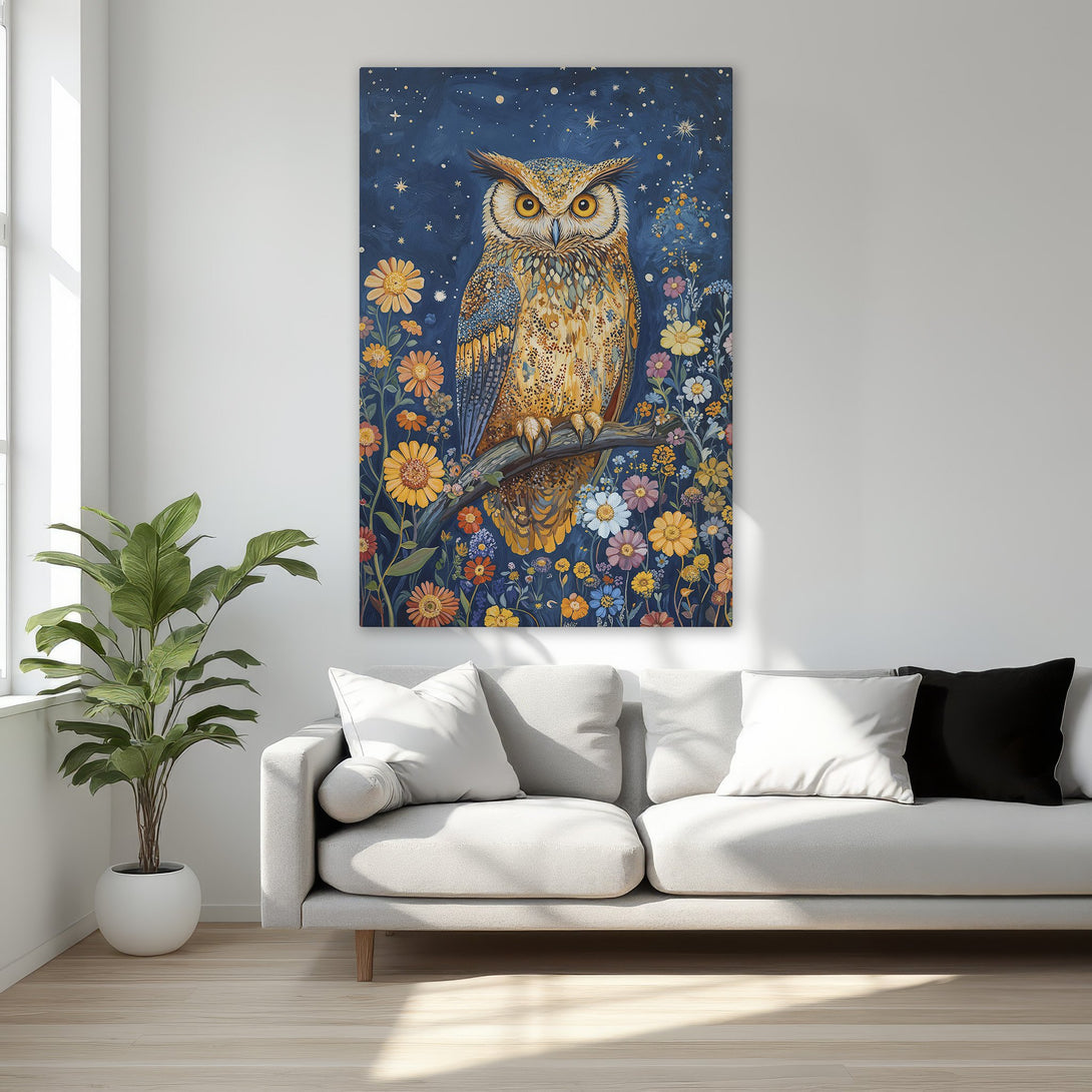Framed Wall Art featuring a majestic owl perched on a branch. Beautifully detailed, with a vibrant blue, gold, and floral color palette, perfect for any room.