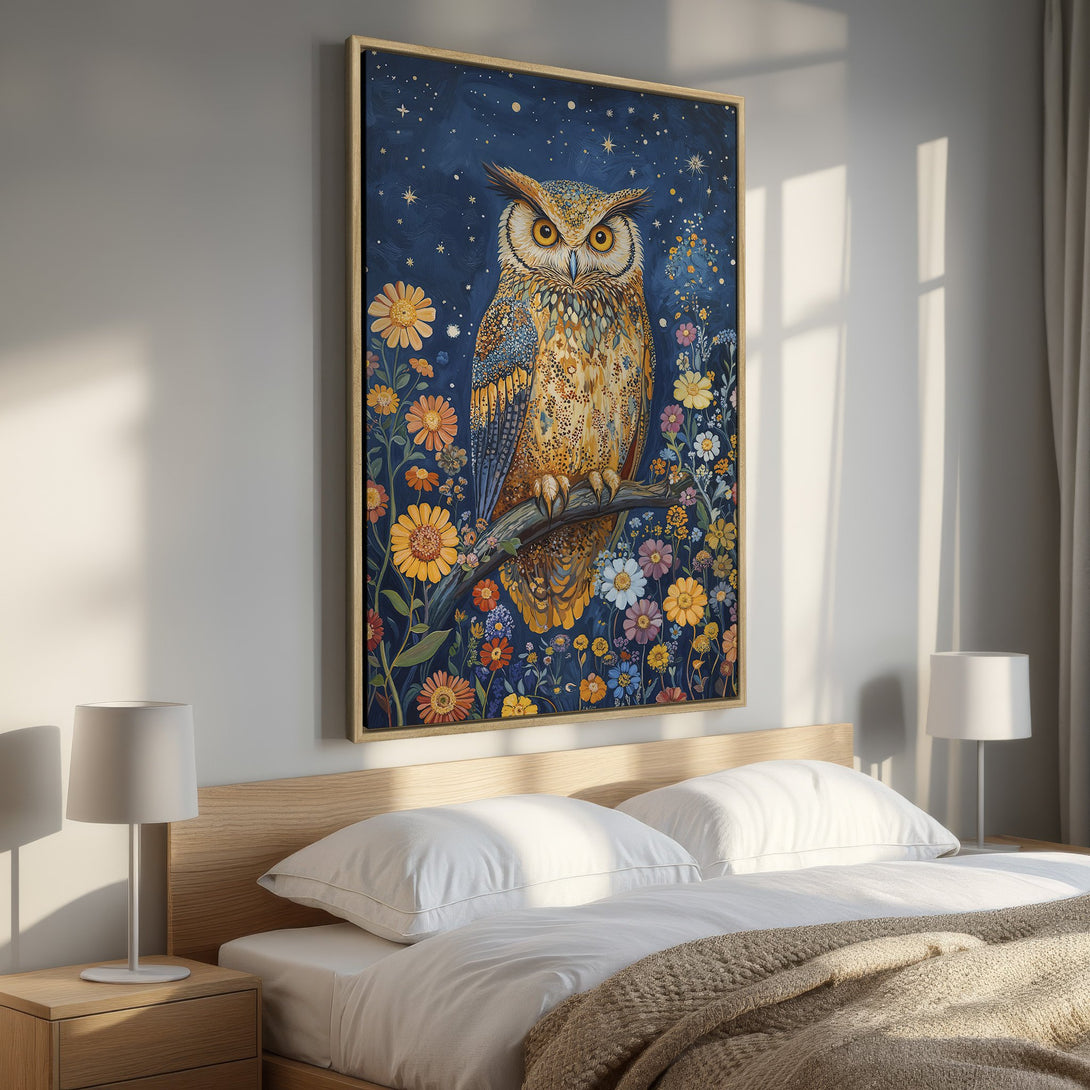 Framed Wall Art: Majestic owl print in a whimsical style, featuring a vibrant color palette of blues, yellows, and greens. Perfect for bedroom decor!