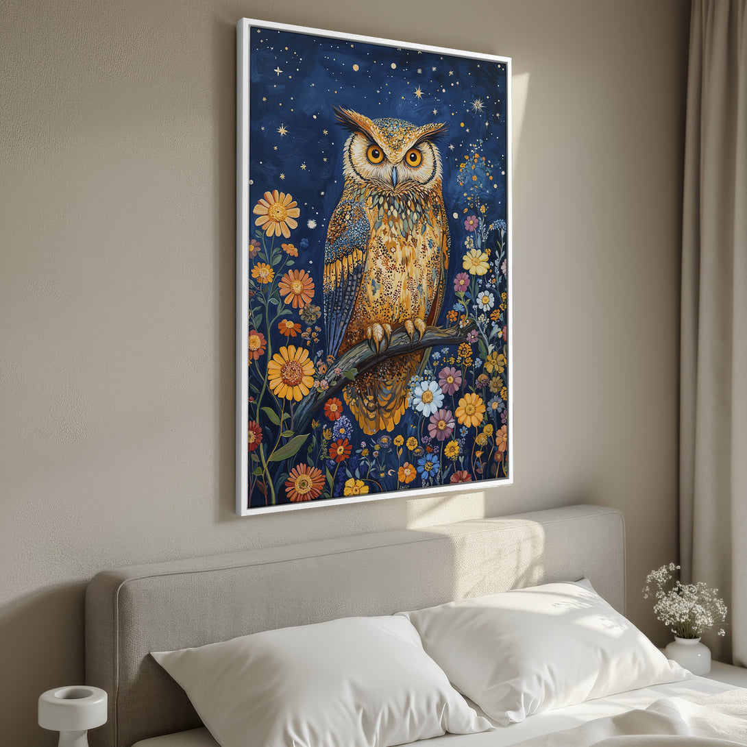 Framed Wall Art: Whimsical owl print with floral accents. Rich blue, gold, and orange palette. Perfect for bedroom decor. Shop now!