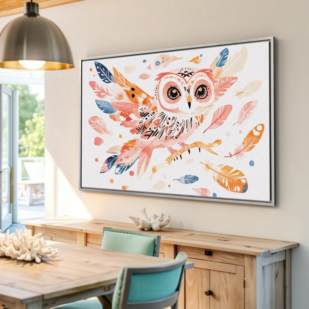 Framed Wall Art: Watercolor owl print in boho style, featuring a warm peach, orange, and blue color palette. Perfect for adding a touch of whimsy to your home decor.