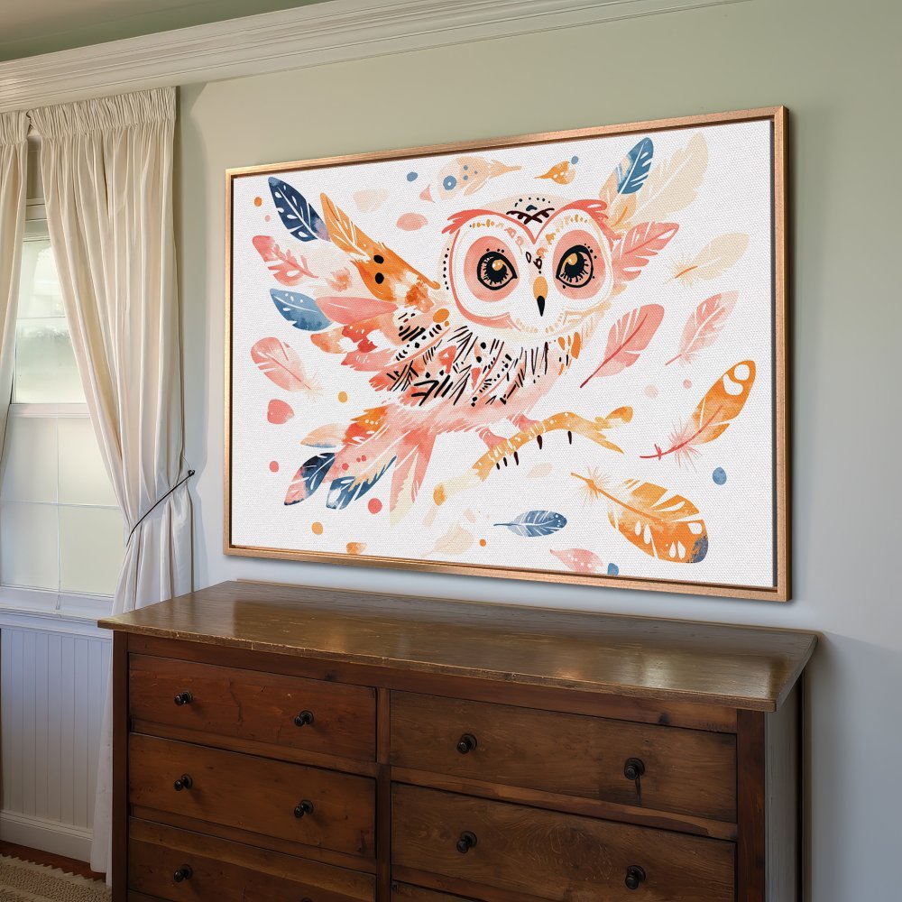 Framed Wall Art: Watercolor owl print in boho style. Features a warm peach, blue, and orange color palette, perfect for home decor.