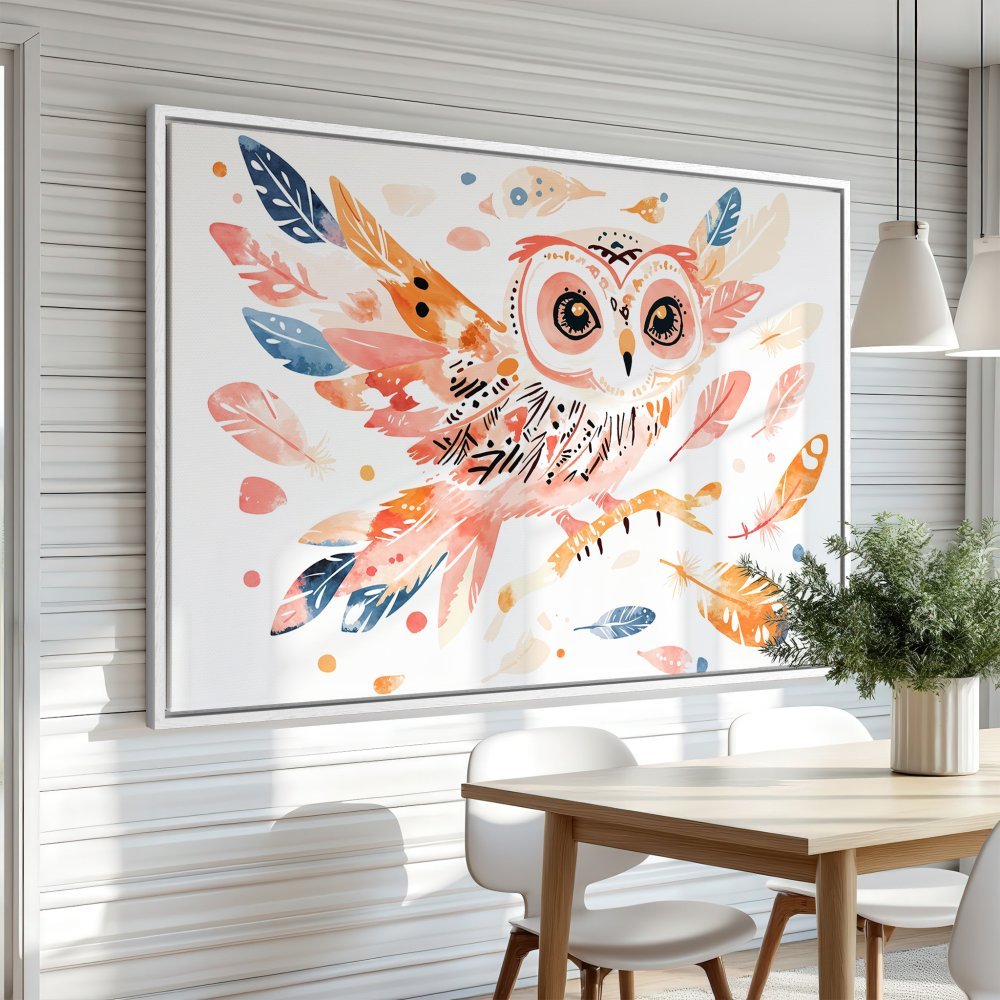 Canvas Print of a watercolor owl in a modern interior. Featuring a boho style with pastel colors: peach, blue, and orange. Perfect wall art!