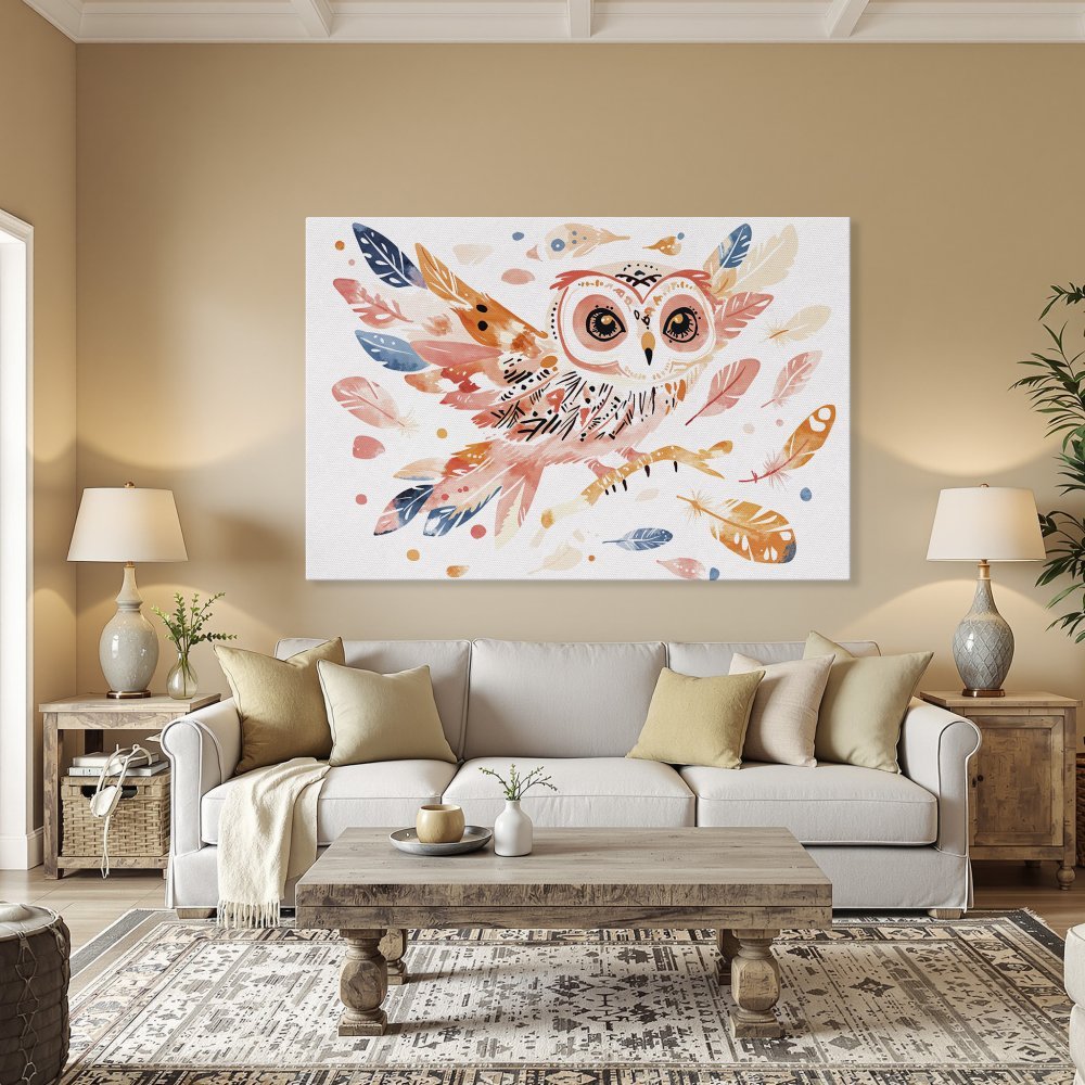 Framed Wall Art: Watercolor owl print in a warm color palette. Perfect for adding a touch of boho style to your home decor.