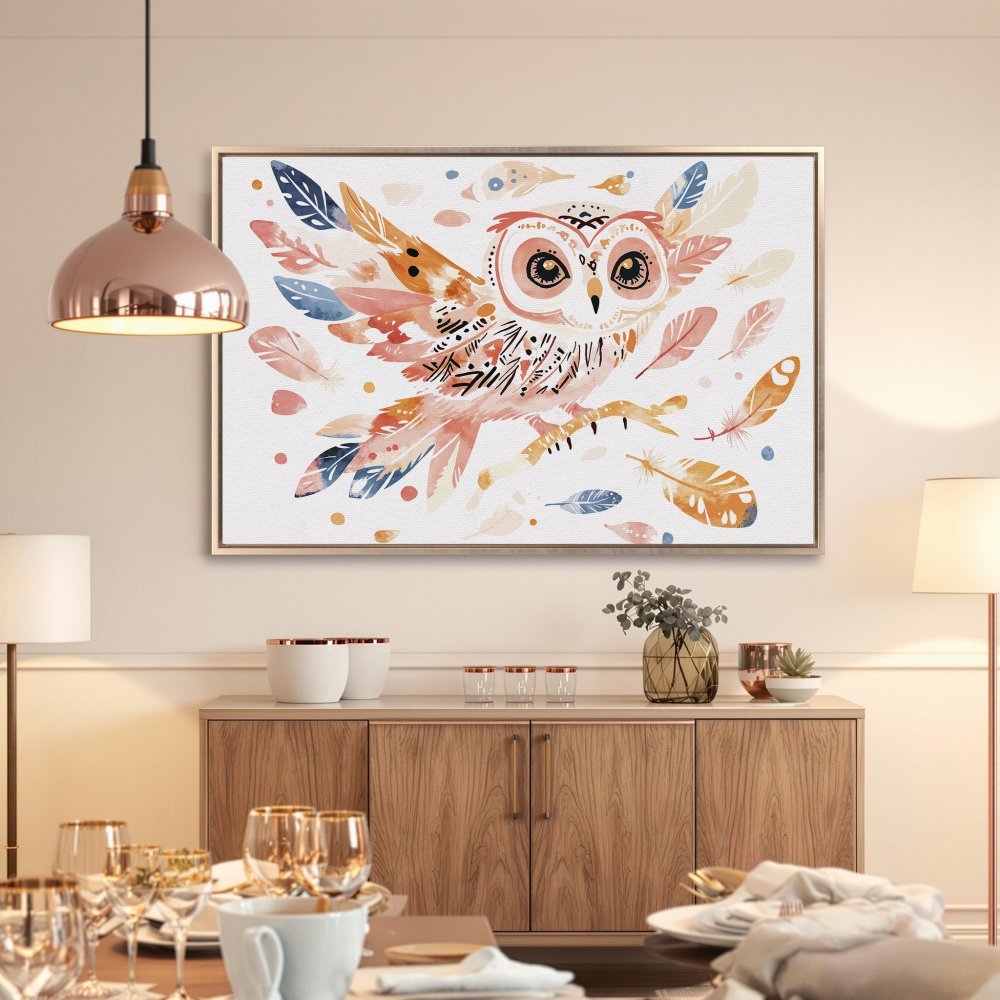 Framed Wall Art: Watercolor owl print in warm peach, blue, and orange hues. Bohemian style canvas art for a cozy home.