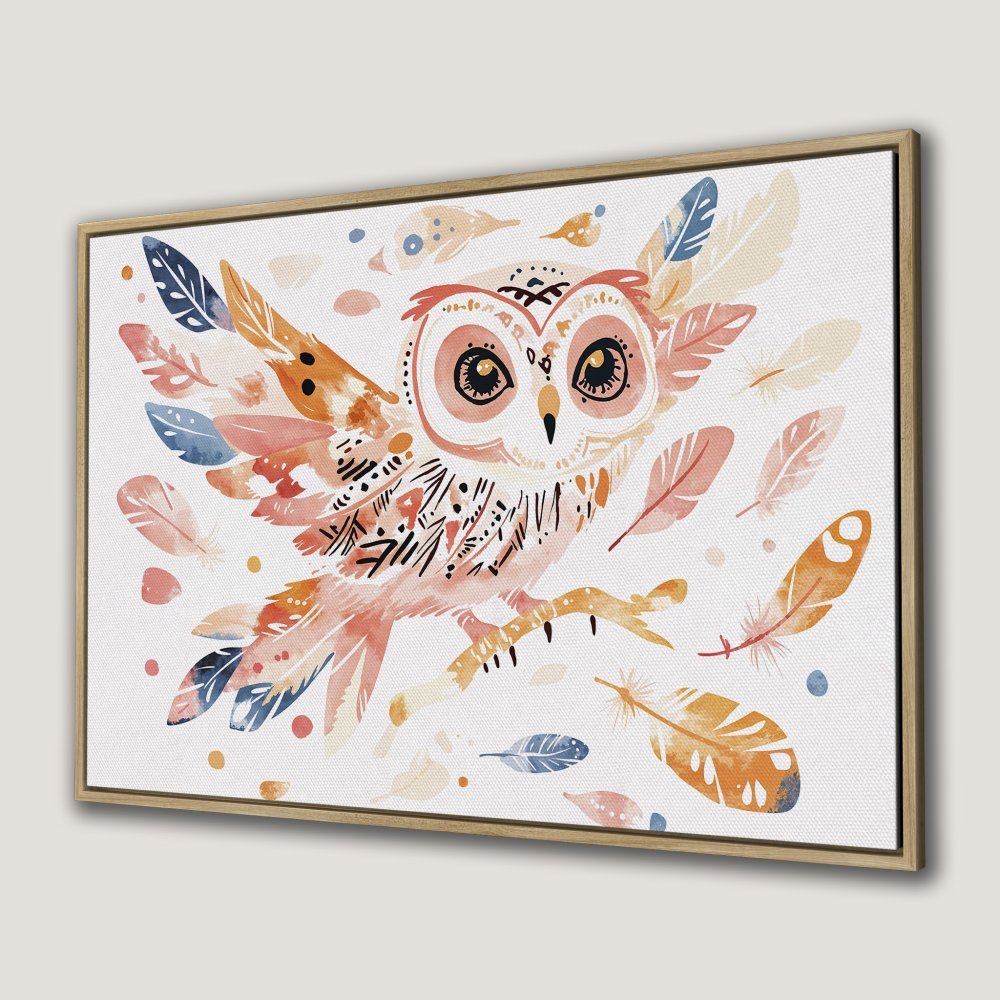 Watercolor owl Canvas Print, boho style, soft pastel colors. Perfect wall art for nursery or living room.