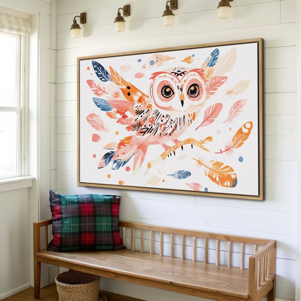 Framed Wall Art: Watercolor owl print in boho style with a warm peach and blue color palette. Perfect for adding a touch of whimsy to your home decor.