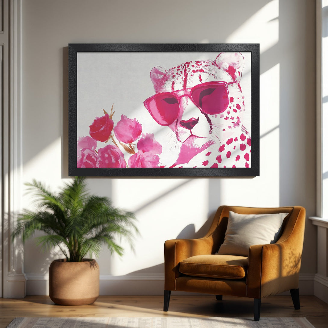 Framed Poster featuring a cheetah wearing sunglasses, watercolor style, pink and white color palette. Add a touch of cool to your space!