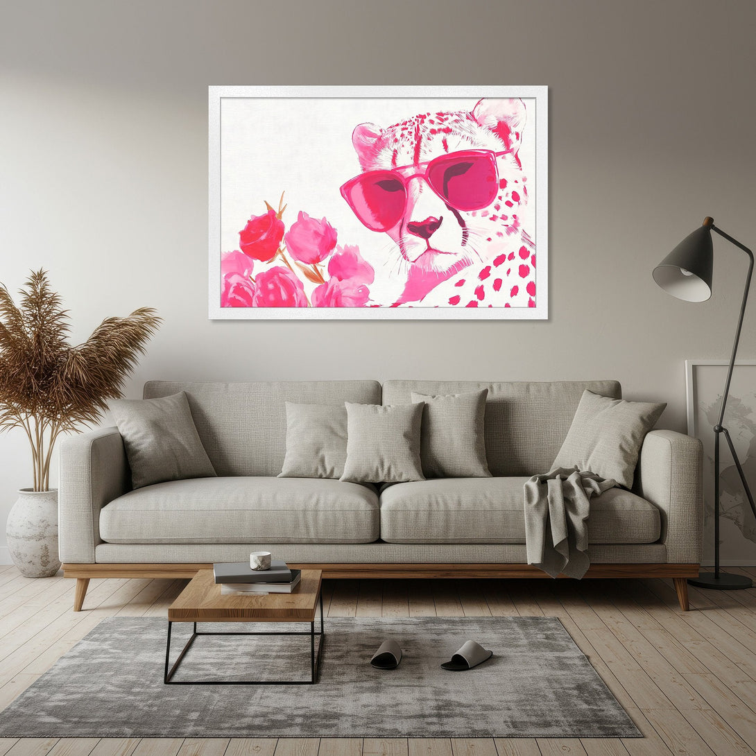 Framed Poster featuring a stylish cheetah wearing sunglasses, pink and white palette. Modern art print for home decor.