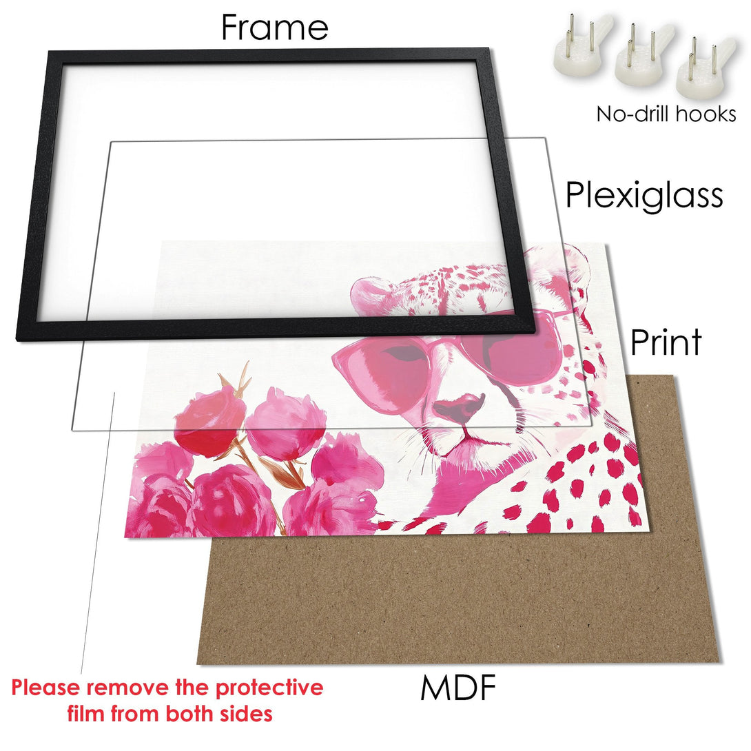 Framed Poster featuring a stylish cheetah with pink sunglasses, vibrant floral design in a pink and white palette. Perfect wall art!