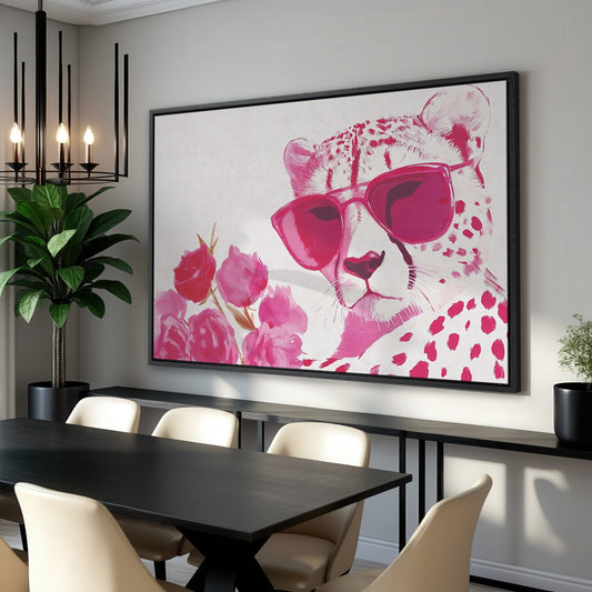 Whimsical Pink Cheetah Canvas Print with Vibrant Floral Art
