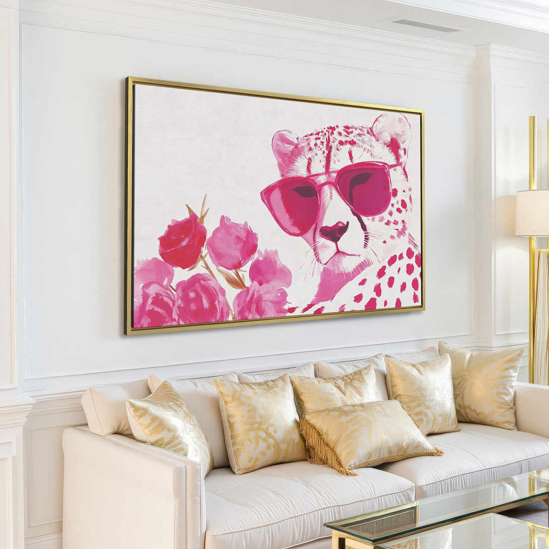 Canvas Print of a cool cheetah wearing sunglasses, in a modern pink and white color palette, perfect for stylish wall decor.