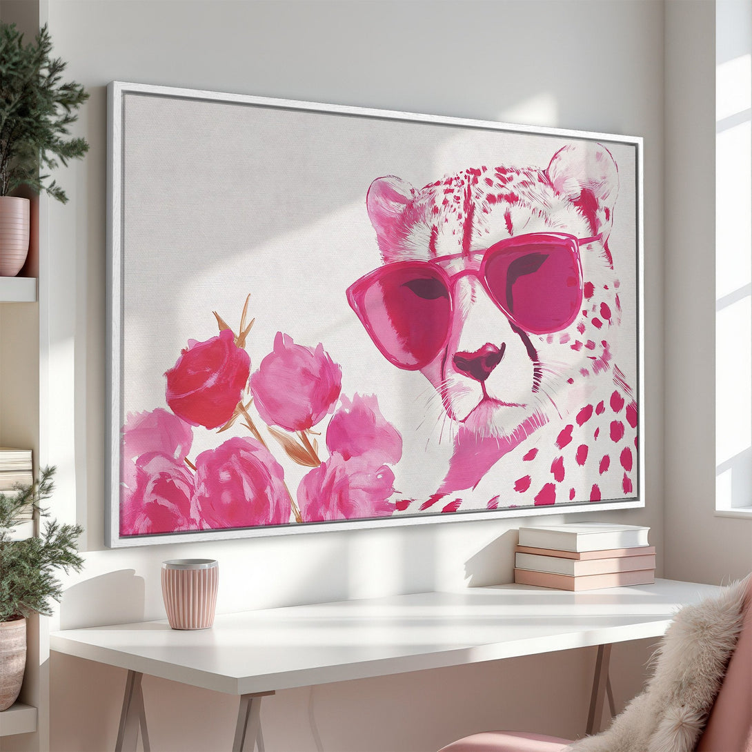 Framed Wall Art: Chic cheetah print with pink sunglasses and roses. Modern, stylish canvas print with a vibrant pink color palette to elevate your home decor.