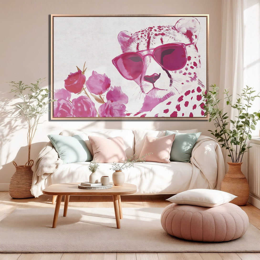 Framed Wall Art: Chic cheetah print canvas in pink hues. Modern wall decor for living room. Stylish art print to elevate your home.
