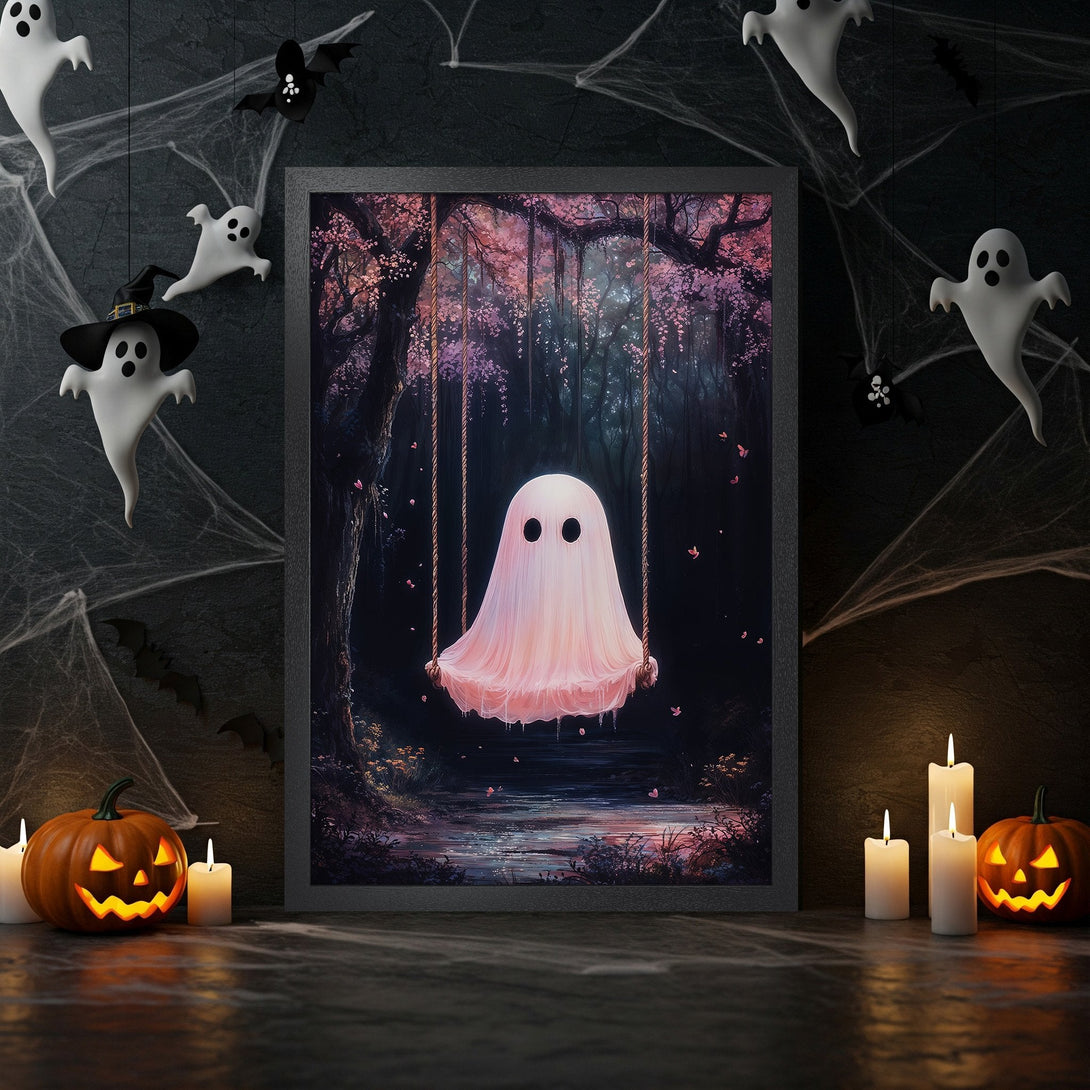 Framed Poster featuring a whimsical ghost on a swing in a dreamy forest scene with a pink and dark color palette. Perfect Halloween decor!