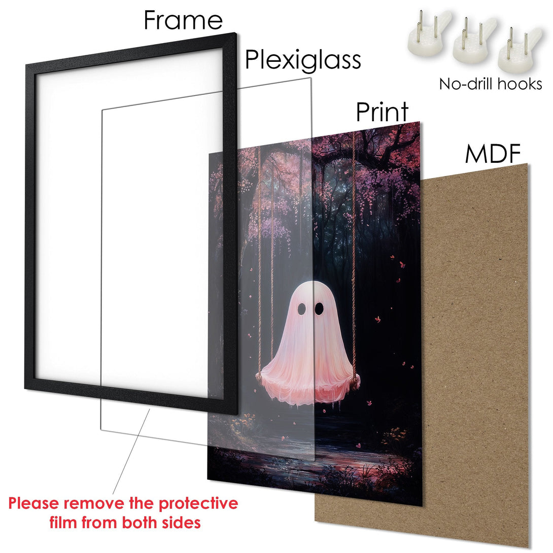 Framed Poster featuring a cute ghost on a swing, dreamy style, with a pink and dark color palette. Perfect wall art!