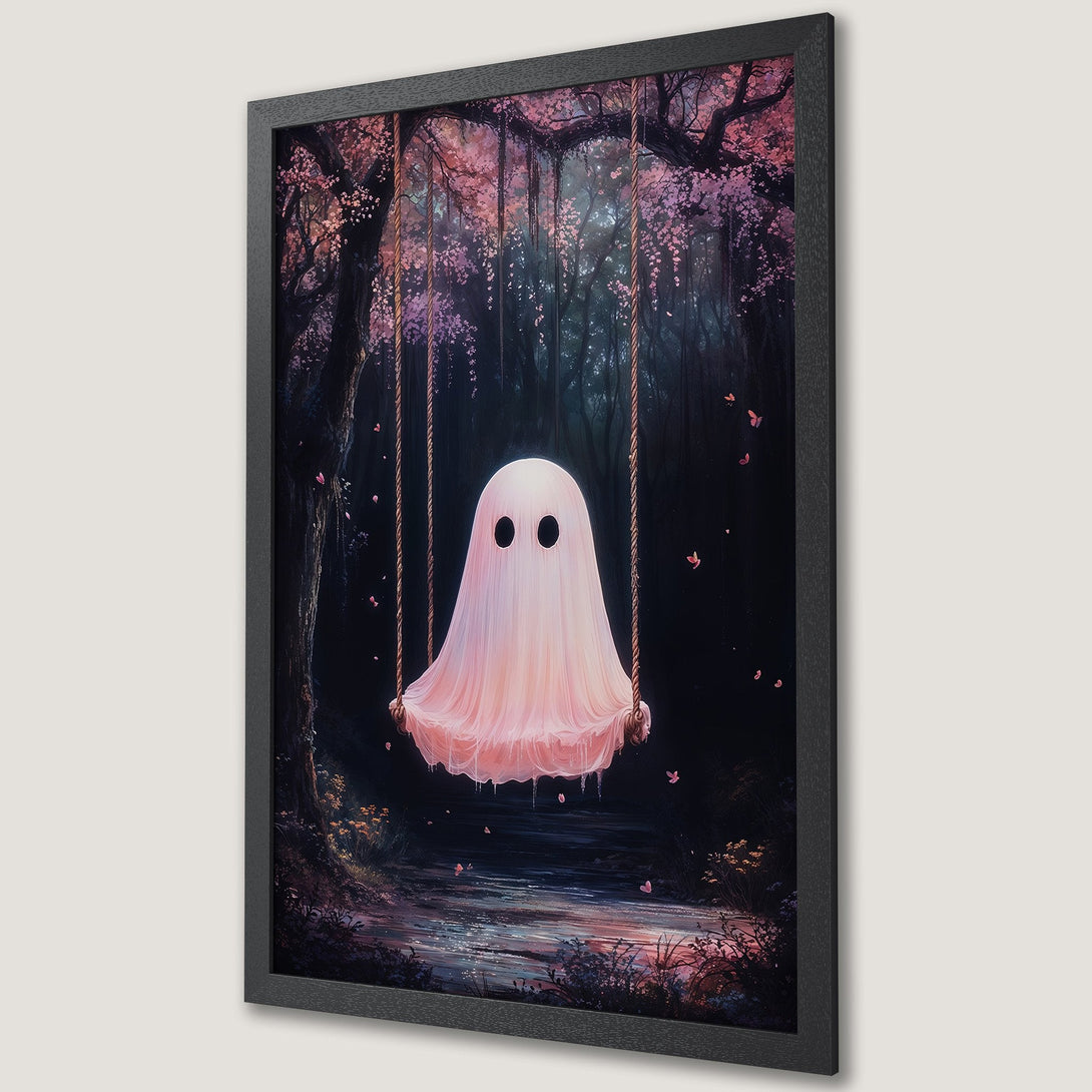 Framed Poster featuring a whimsical ghost on a swing in a forest with pink and dark color palette. Perfect wall art!
