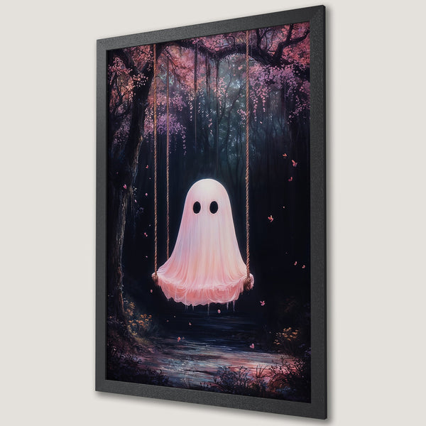 Framed Poster featuring a whimsical ghost on a swing in a forest with pink and dark color palette. Perfect wall art!