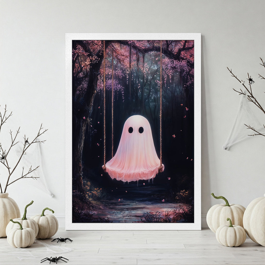 Framed Poster featuring a whimsical ghost on a swing in a forest. Soft pink and dark color palette, perfect for Halloween decor.