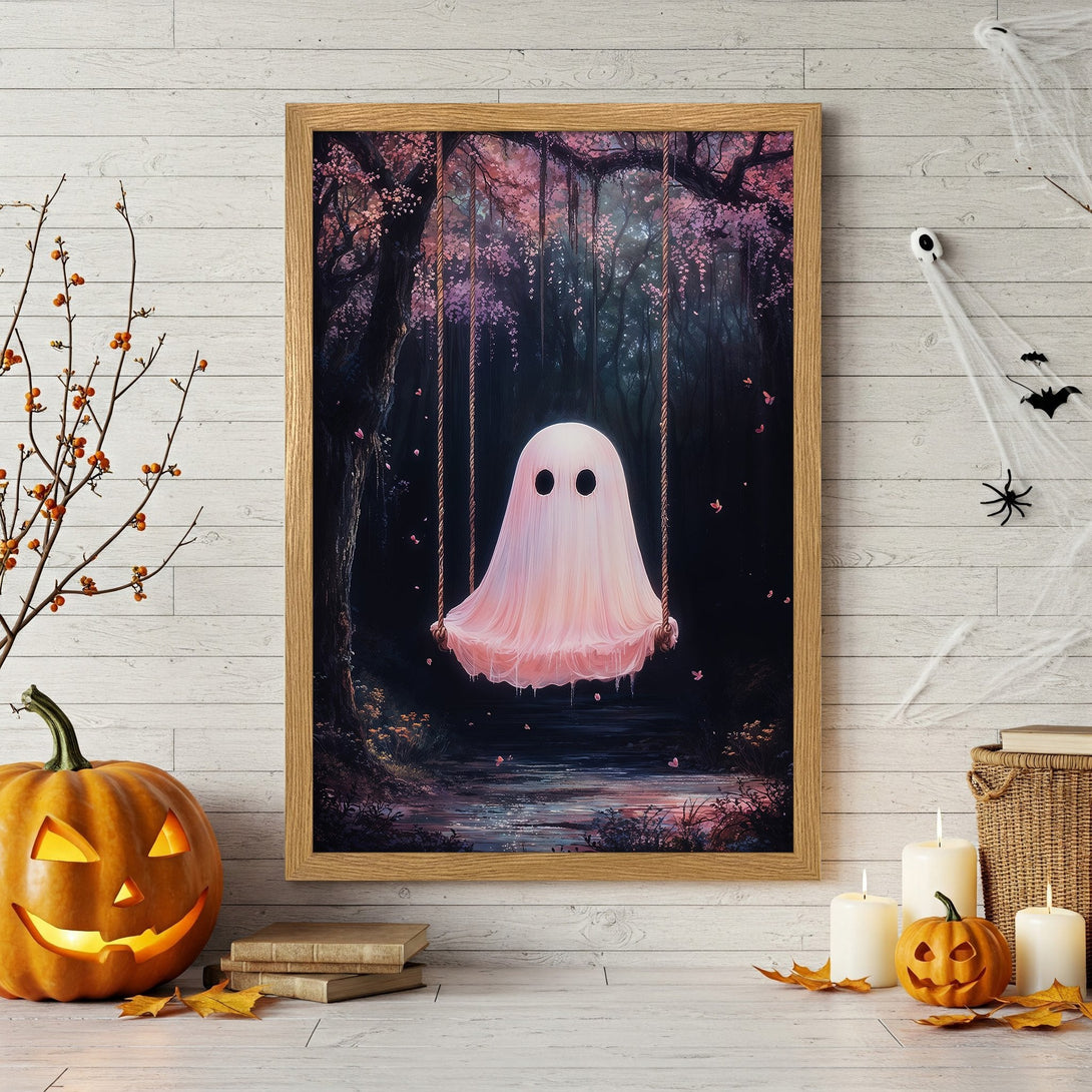 Framed Poster featuring a whimsical ghost on a swing in a dreamy forest, with a pink and dark color palette. Perfect Halloween decor!