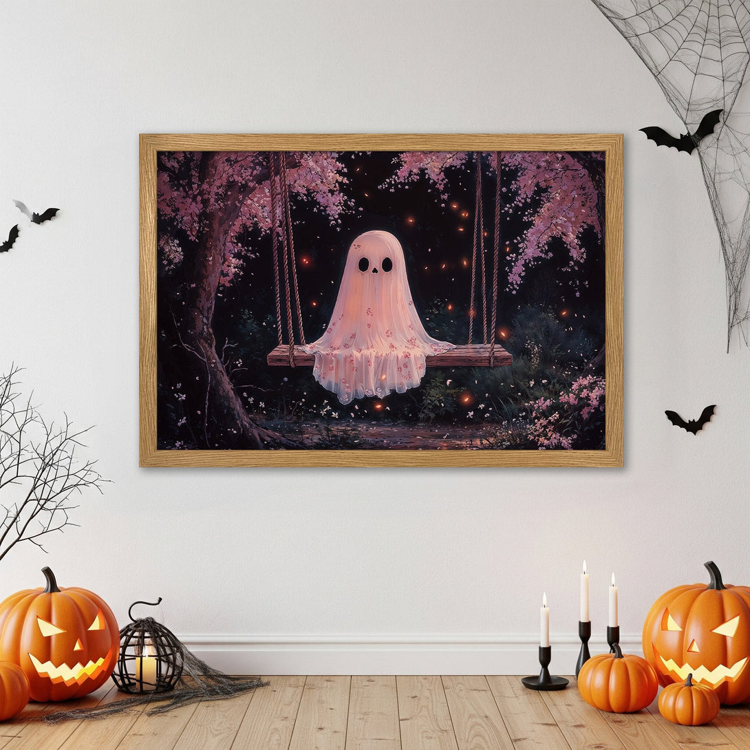 Framed Poster featuring a whimsical ghost on a swing in a dark forest, with pink blossoms. Perfect Halloween decor!