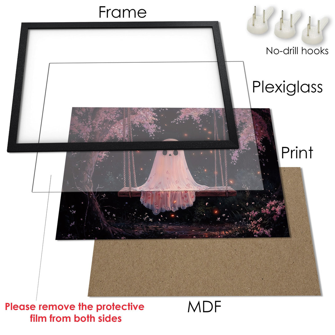 Framed Poster featuring a whimsical ghost on a swing, in a dreamy, dark pink and black color palette. Perfect wall art!