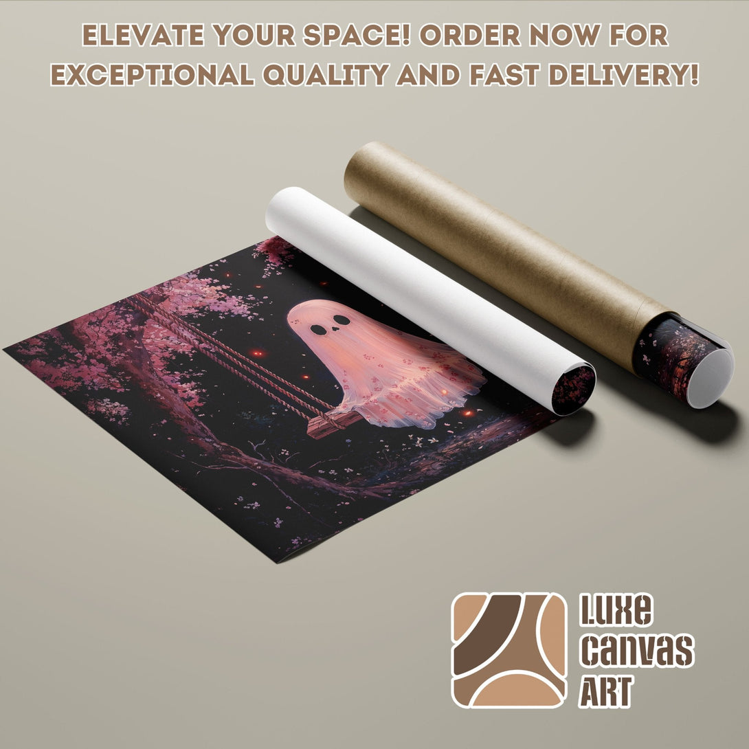 Poster Roll featuring a whimsical ghost on a swing, dark & pink color palette, perfect wall art.