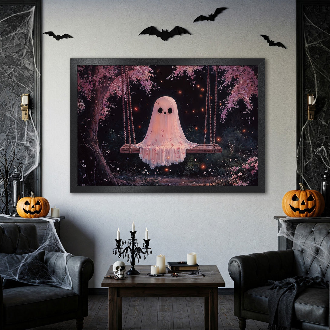 Framed Poster featuring a whimsical ghost on a swing in a dark forest, with a spooky Halloween theme. Dark color palette with pink accents.