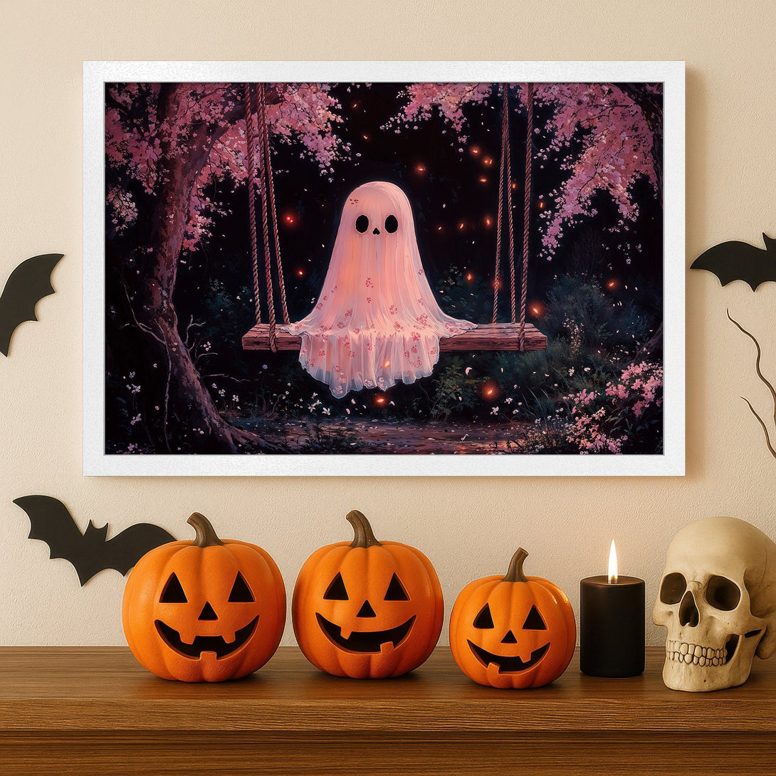 Framed Poster featuring a whimsical ghost on a swing, in a dreamy style with pink and dark green tones. Perfect Halloween decor!