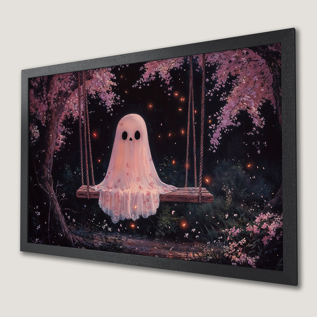 Framed Poster of a ghost on a swing in a whimsical, fairytale style with a pink and dark color palette.