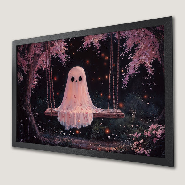 Framed Poster of a ghost on a swing in a whimsical, fairytale style with a pink and dark color palette.