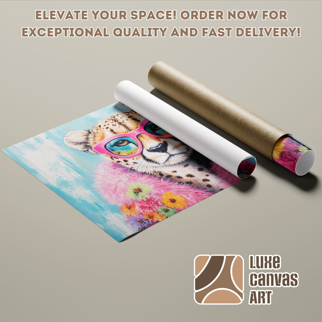 Cheetah Poster Roll art with pink, blue, and yellow colors. Elevate your space with Luxe Canvas Art!