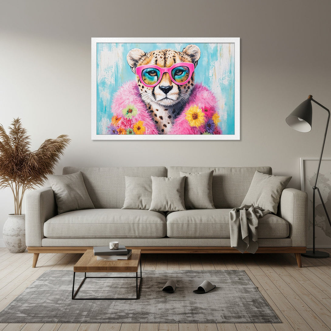 Framed Poster featuring a stylish cheetah wearing sunglasses and a pink boa, with a colorful, abstract background. Vibrant color palette.