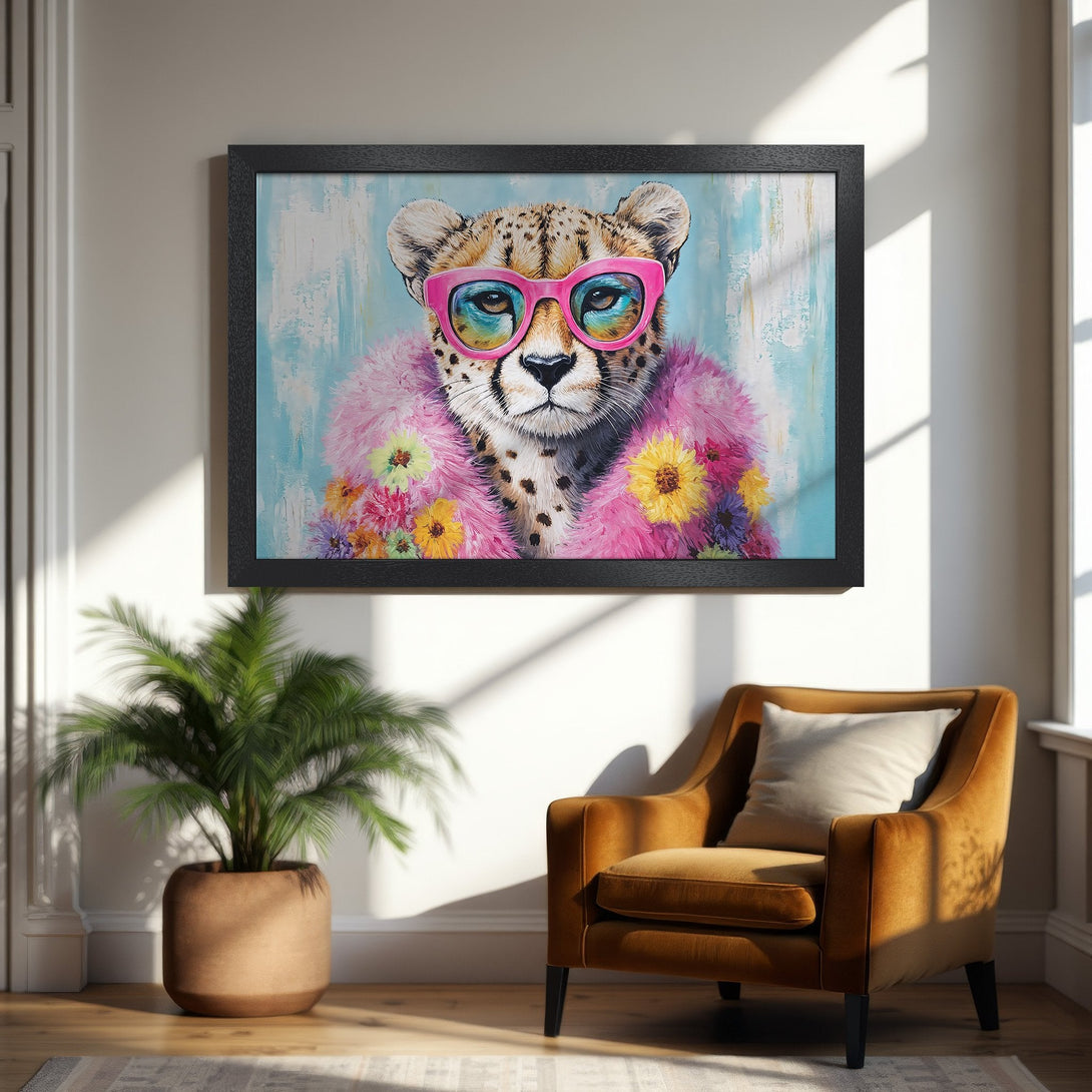 Framed Poster featuring a cheetah in sunglasses, pop art style, with a vibrant pink, blue, and yellow color palette. Add a touch of fun to your space!