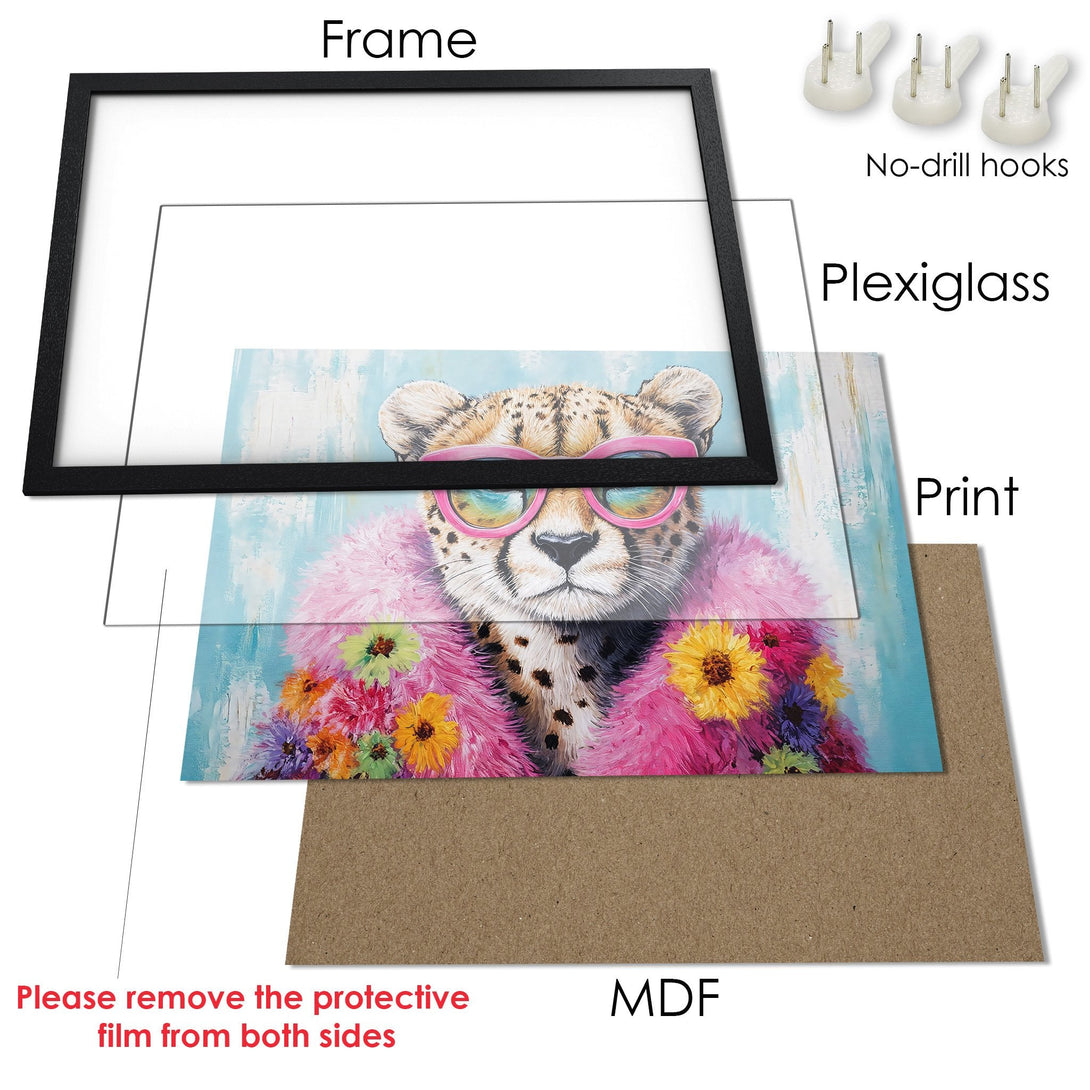Framed Poster featuring a stylish cheetah with pink glasses and a colorful floral coat, set against a blue background. Vibrant colors!