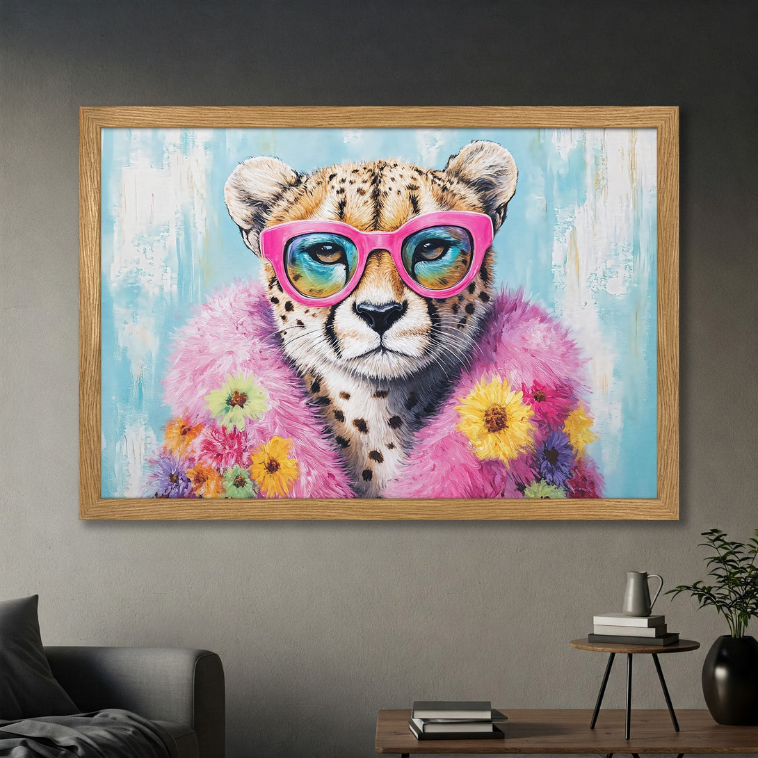 Framed Poster of a cheetah in pink sunglasses and fur, vibrant colors, art print for home decor.