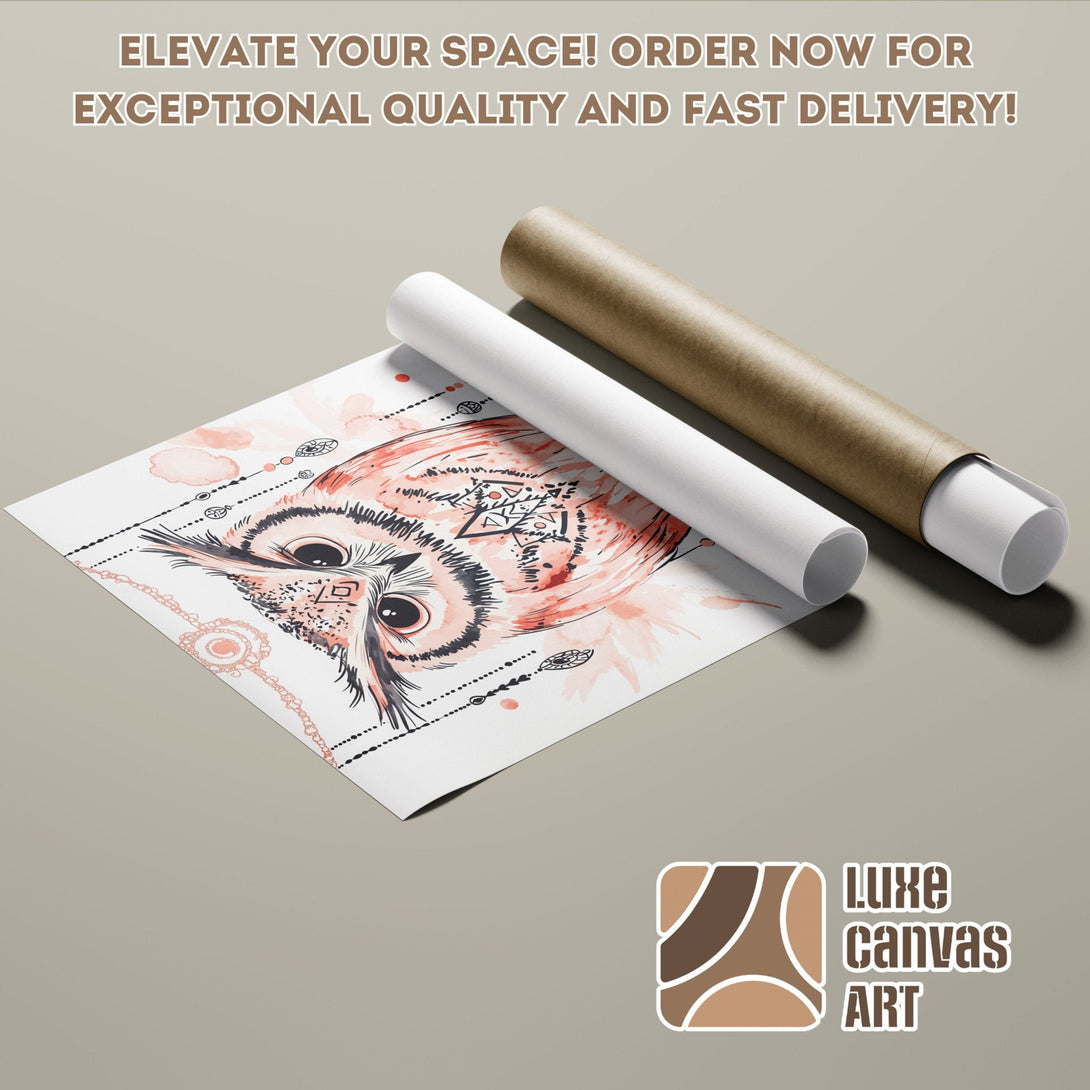 Owl art poster roll in watercolor style, featuring a warm color palette. Elevate your space with Luxe Canvas Art!