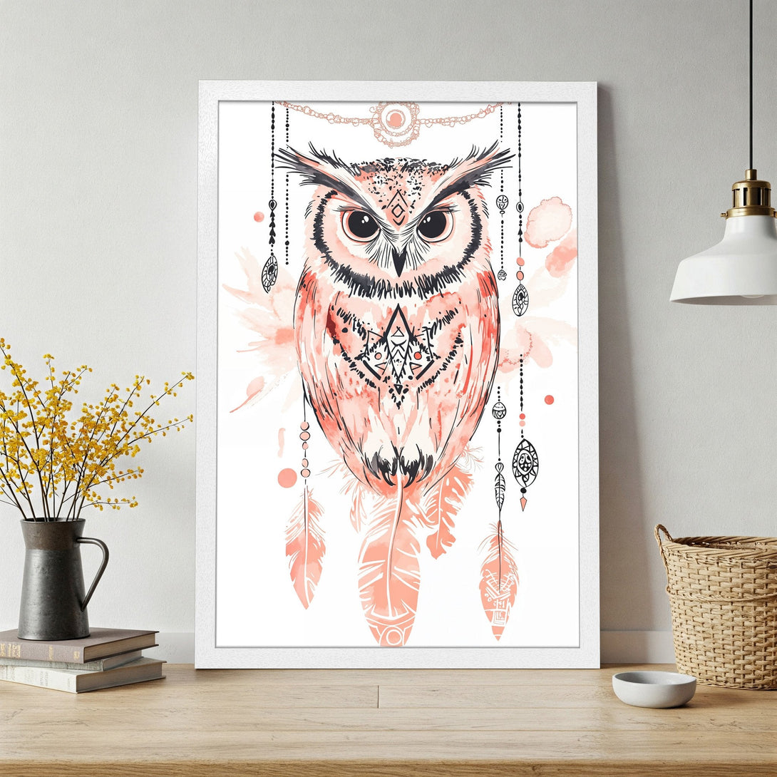 Framed Poster featuring a watercolor owl in boho style, with coral and black accents. Perfect wall art!