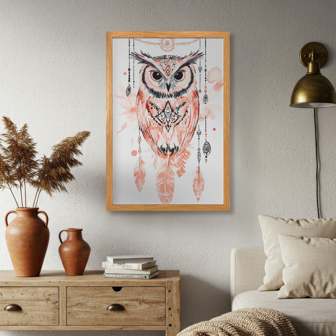 Framed Poster featuring a boho owl illustration in a watercolor style with a soft coral and black color palette.