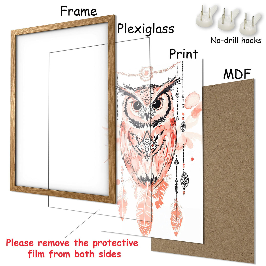 Framed Poster featuring a watercolor owl in a boho style, with a warm coral and black color palette. Perfect wall art!