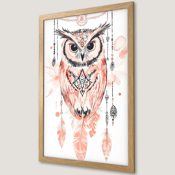 Framed Poster featuring an owl illustration in watercolor style with a peach and black color palette. Perfect wall art for any room!