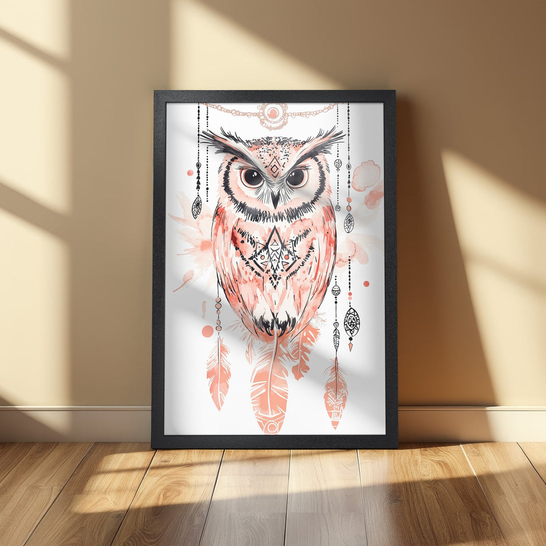 Framed Poster featuring an owl in watercolor style. Earthy tones of peach and black create a boho chic aesthetic. Perfect wall art!