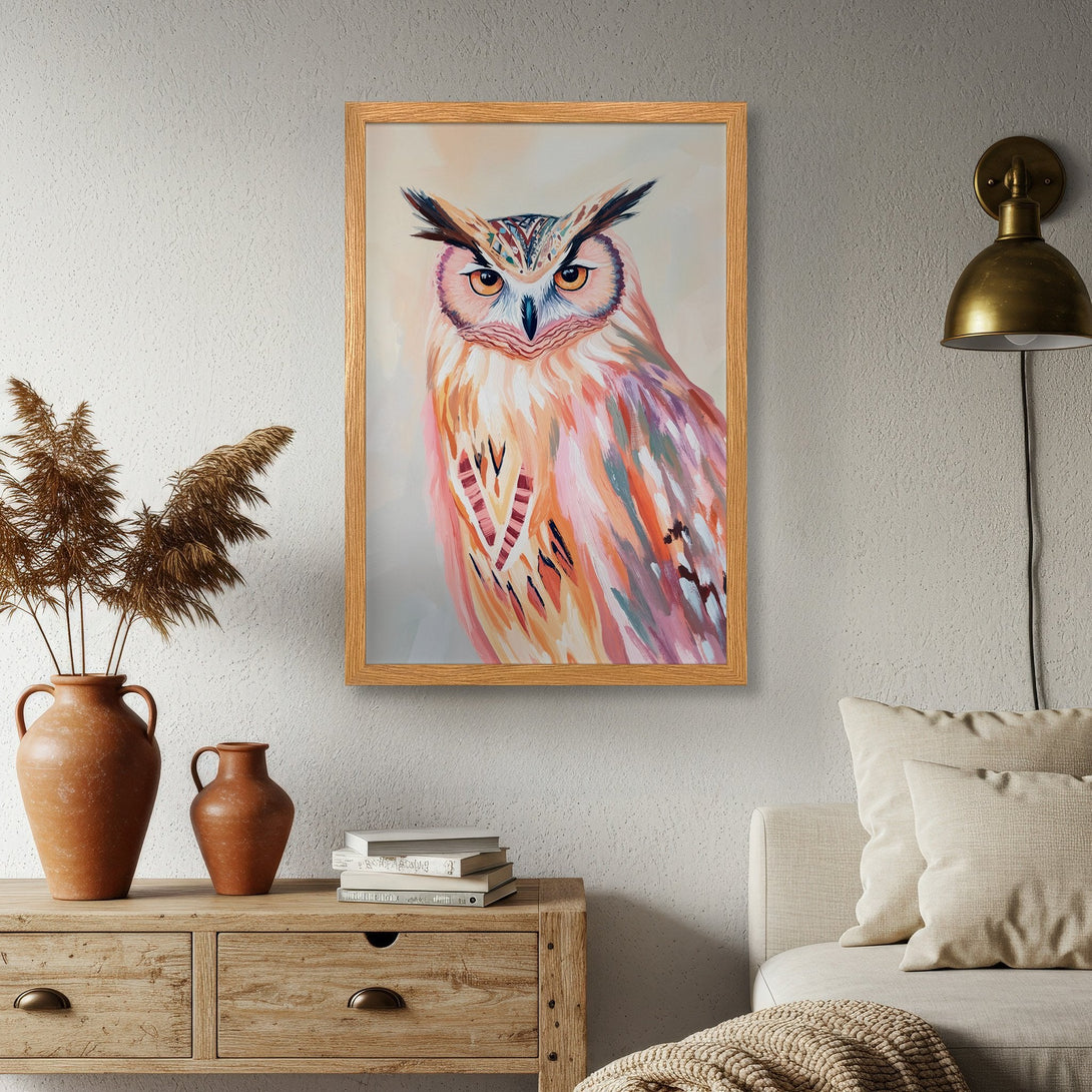 Framed Poster of an owl in vibrant colors. Abstract style with pink, orange, and blue hues. Perfect wall art for a modern home.