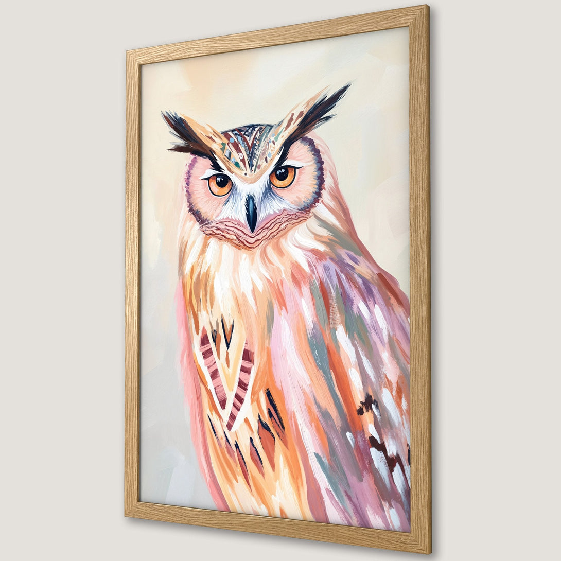 Framed Poster featuring an owl painting in a colorful, abstract style with a warm, earthy color palette. Perfect wall art!