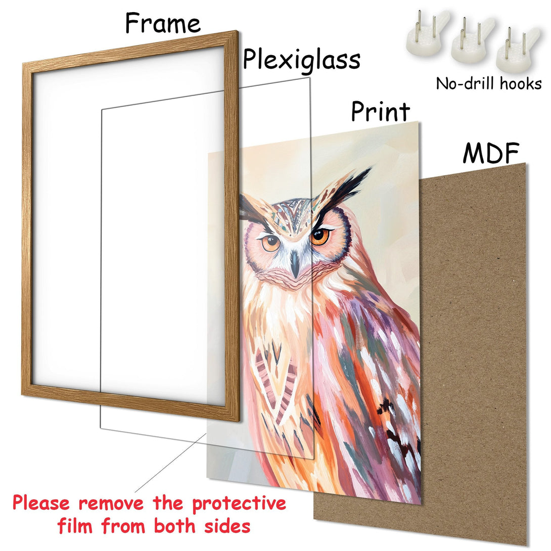 Framed Poster featuring an owl in a colorful, artistic style. Warm, earthy tones and vibrant accents make this a stunning wall art piece.