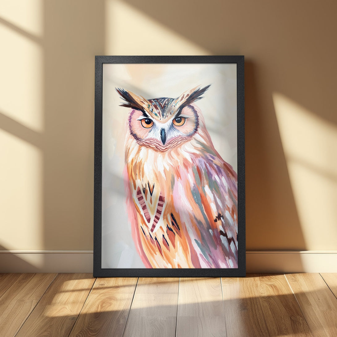 Framed Poster featuring an owl in a colorful, abstract style. Warm color palette with shades of orange, pink, and beige. Perfect wall art!