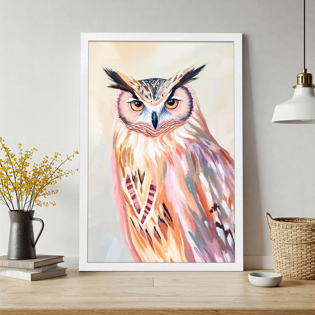 Framed Poster featuring an owl in a colorful, abstract style. Warm peach, pink, and brown tones create a vibrant and artistic wall decor piece.